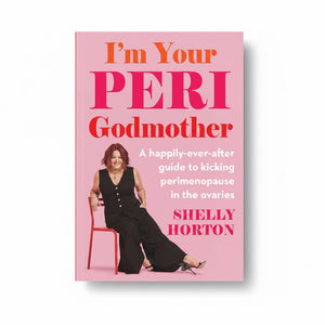 Book cover for 'I'm Your PERI Godmother' by Shelly Horton, featuring a pink background with bold orange and pink text and an illustration of a woman in a black outfit sitting on a red chair.