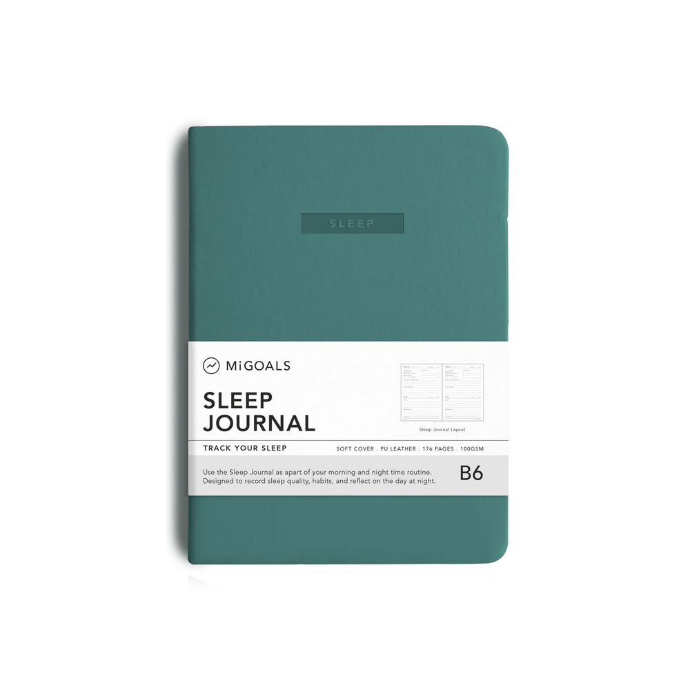 A teal hardcover sleep journal by MiGoals, featuring a white paper band around the middle with product details, shown on a clean white background.
