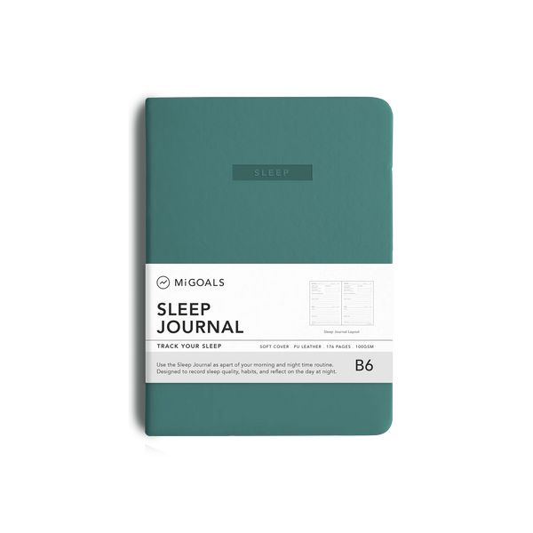 A teal hardcover sleep journal by MiGoals, featuring a white paper band around the middle with product details, shown on a clean white background.