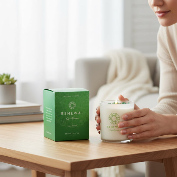 A person holds a lit Renewal candle in a clear glass jar on a wooden table, with its green product box standing beside it in a softly lit indoor setting.