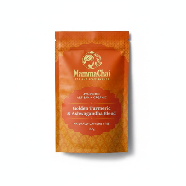 A 100g stand-up pouch of Mamma Chai Golden Turmeric & Ashwagandha Blend tea and spice blend, shown on a clean white background with a soft drop shadow.