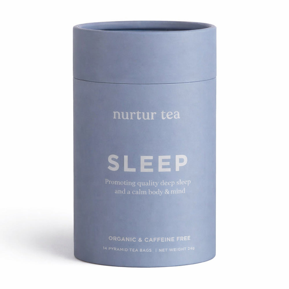 A light blue cylindrical cardboard tea tin labeled 'nurtur tea SLEEP' on a clean white background.