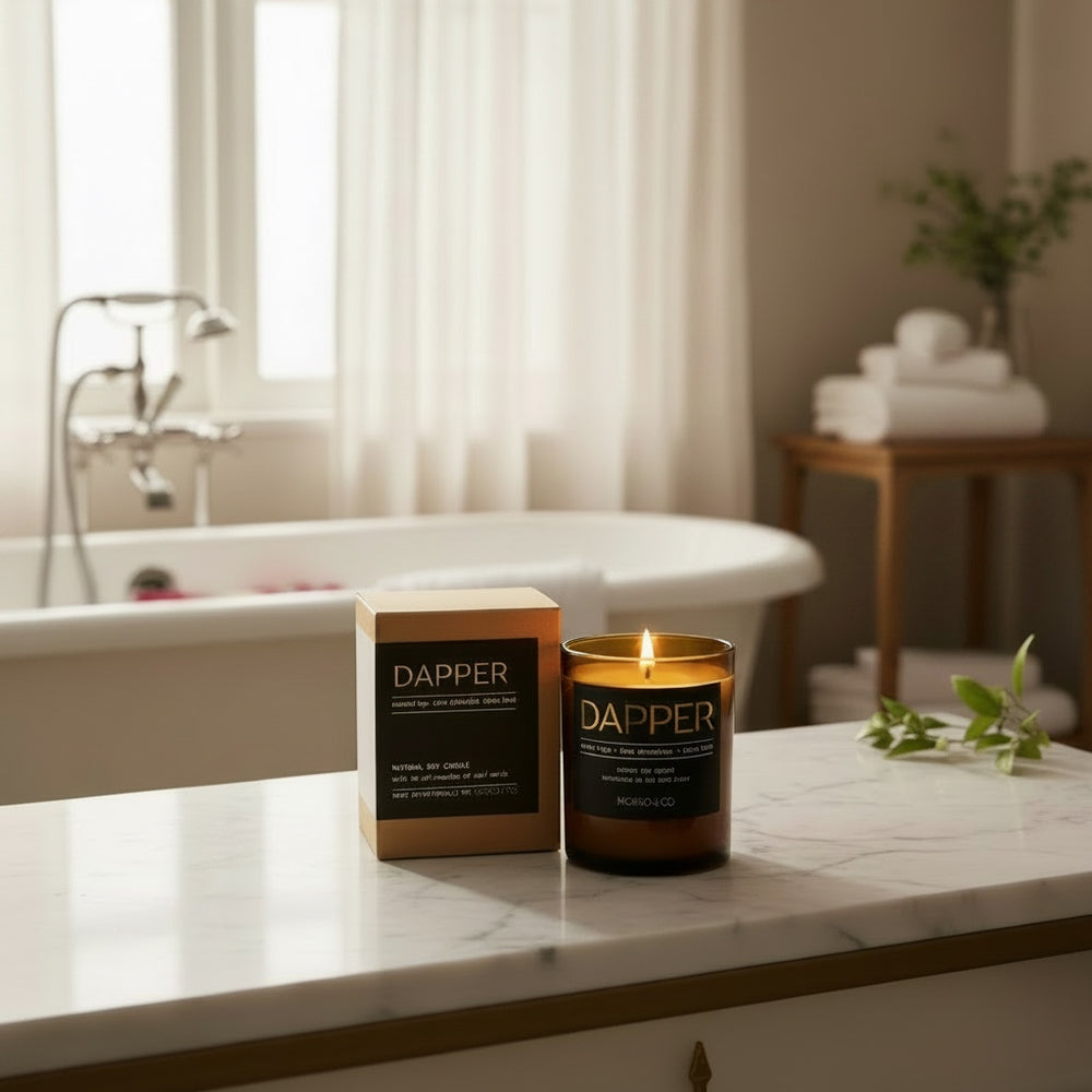 A lit amber glass jar candle with a black label reading DAPPER and MORRO & CO, shown next to its kraft paper box on a white background.