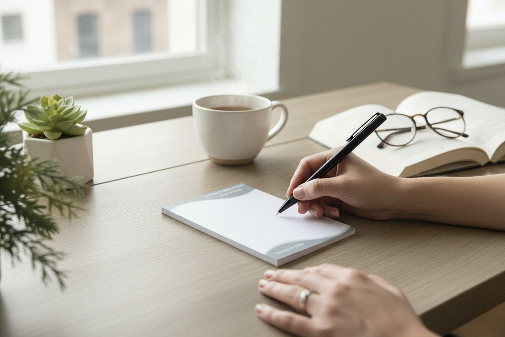 Notepad with pen on a white background
