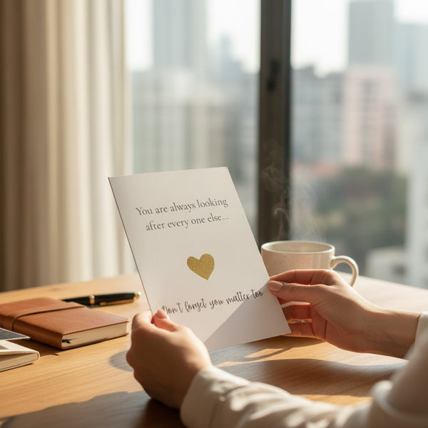 A person holds a white greeting card with a gold heart and printed quote in a warm indoor setting by a window, with a mug, notebook, and desk visible in the background.