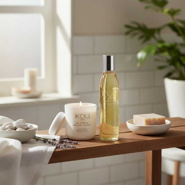 A KOU Scents Dr. Stress body oil bottle and a white scented candle with lavender sprigs, styled on a wooden bath tray with a soap dish, bath stones, and a towel in a bright bathroom setting.
