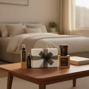 A curated collection of Haven home fragrance products arranged on a wooden table in a softly lit bedroom setting, including a white gift box with a dark ribbon, a tall gold spray bottle, a small dark bottle, and a candle in a wooden holder.