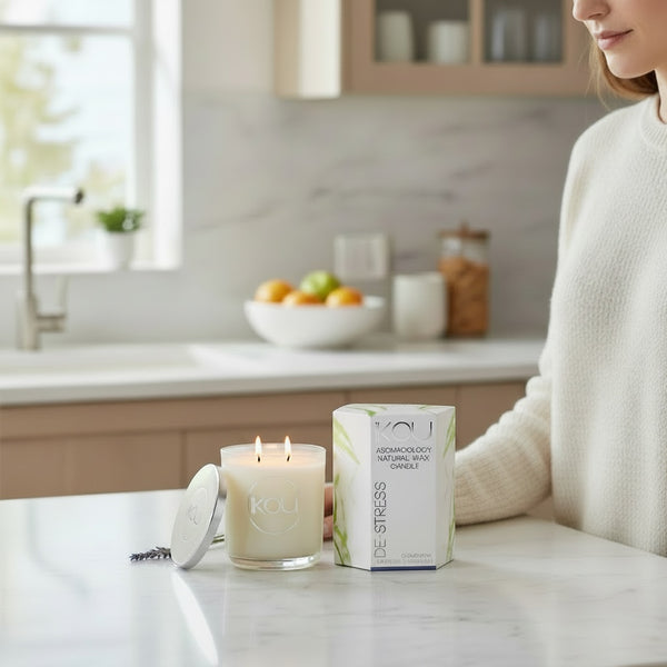 A KOU natural soy candle in a clear glass jar with two lit wicks sits on a white marble kitchen counter next to its white and green packaging box. A woman in a white knit sweater is partially visible on the right, standing in a bright, modern kitchen with light wood cabinets and a marble backsplash.