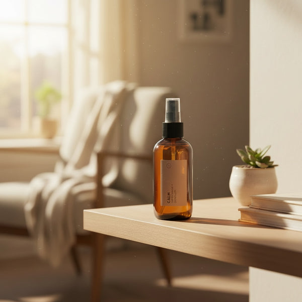 An amber glass spray bottle with a black spray top and a minimalist beige label, standing on a light wood table in a softly lit, modern living room setting.