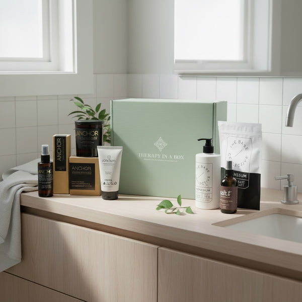 A curated skincare and wellness gift set arranged on a bathroom counter, featuring a large sage green box labeled 'Therapy in a Box' alongside bottles, tubes, and pouches from brands including Anchor, Bath + Body, and Naturopathic Products. The scene is styled in a bright, modern bathroom with tiled walls, a sink, and natural light from windows.