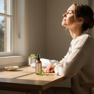 A woman in a cream knit sweater sits at a wooden table by a window, leaning back with her eyes closed. A small amber spray bottle with a black cap and a few green leaves rest on the table in front of her.