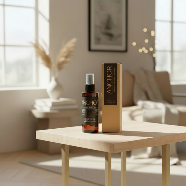 A dark amber spray bottle and its matching tan box labeled 'ANCHOR' sit on a light wood table in a softly lit, modern living room.