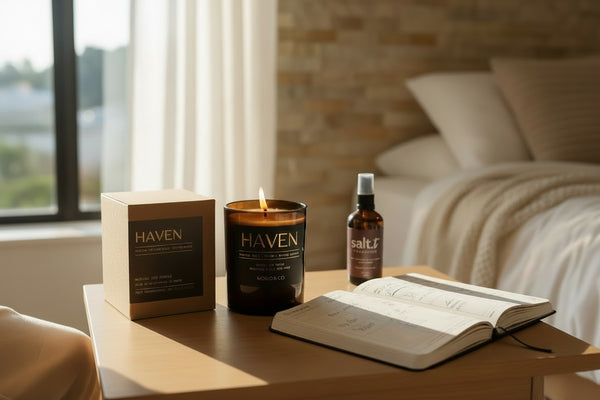 Candle, book, and bottle on a table with 'HAVEN' branding in a bedroom setting