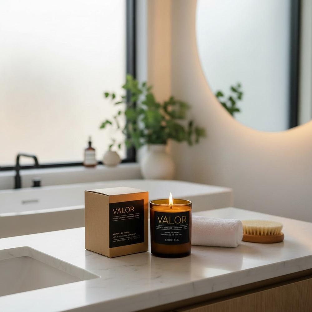 An amber glass jar candle next to its kraft paper packaging box, both featuring a black label with gold lettering that reads 'VALOR' and 'MORRO & CO'.