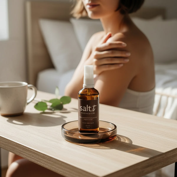 A small amber spray bottle labeled 'salt.t' sits on a round tray on a light wood table in a softly lit bedroom.