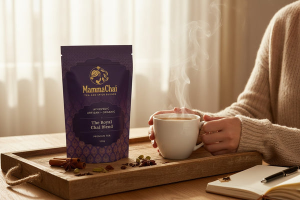 A stand-up pouch of Mamma Chai 'The Royal Chai Blend' tea sits on a wooden tray beside a person holding a steaming white mug in a warm, softly lit indoor setting.