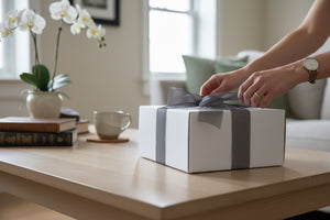 A white rectangular gift box tied with a wide gray ribbon sits on a light wood table in a softly lit living room. A person's hands are visible wrapping or adjusting the ribbon, with a vase of white flowers.