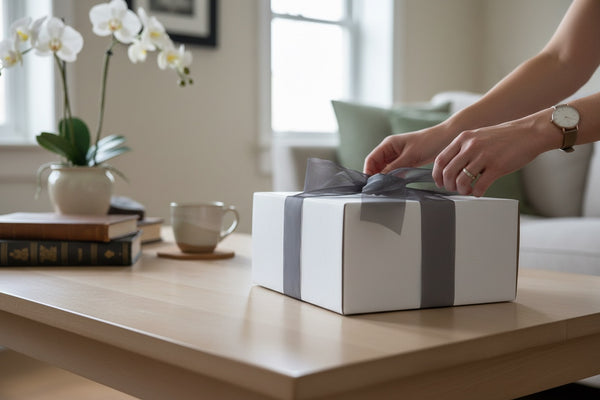 A white rectangular gift box tied with a wide gray ribbon sits on a light wood table in a softly lit living room. A person's hands are visible wrapping or adjusting the ribbon, with a vase of white flowers.
