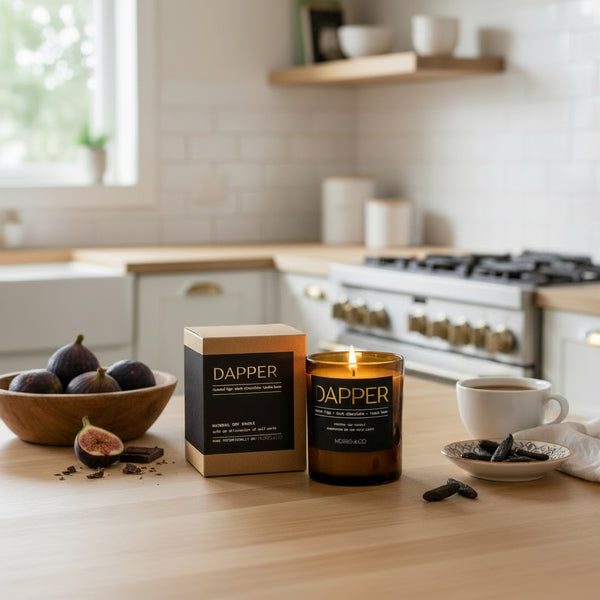 A lit amber glass candle and its matching box labeled DAPPER are arranged on a kitchen counter with figs, a cup of coffee, and chocolate pieces nearby. The background shows a softly blurred modern kitchen interior.