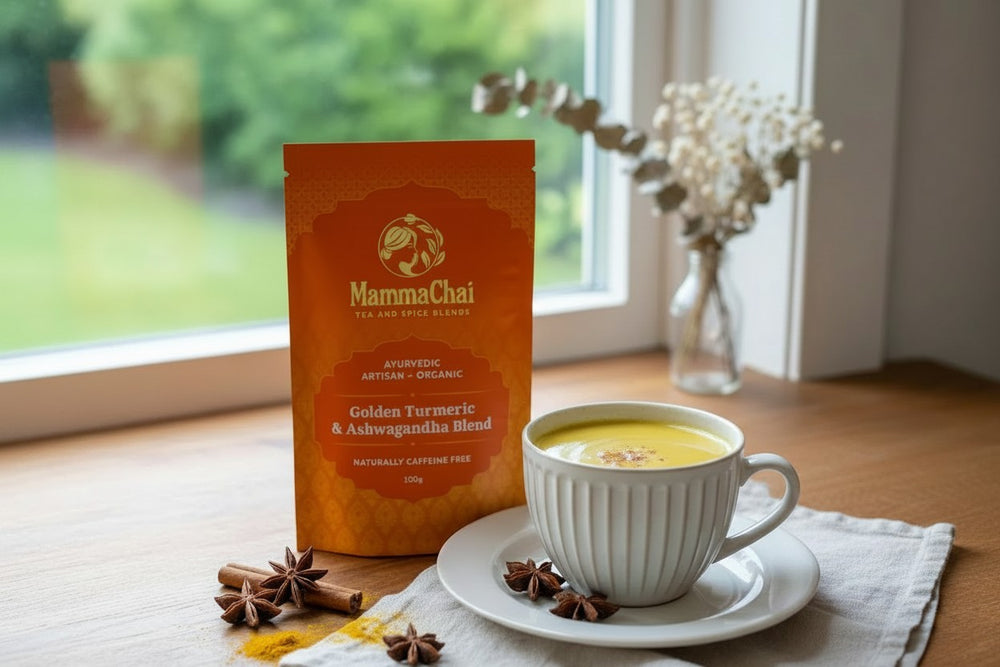 A 100g stand-up pouch of Mamma Chai Golden Turmeric & Ashwagandha Blend tea and spice blend, shown on a clean white background with a soft drop shadow.