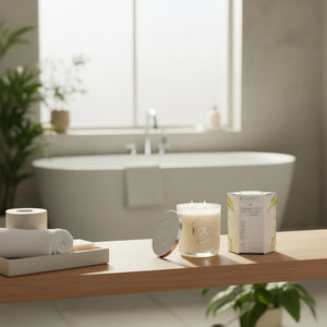 A white jar candle with a silver lid sits on a wooden bathroom shelf beside a white box, with a bathtub, window, and plants blurred in the background.