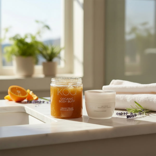 Two skincare products from the brand KOU are displayed on a white marble counter in a bright bathroom setting. The product on the left is a clear glass jar containing an orange-colored organic body buff with visible exfoliating granules, labeled 'KOU Organic Body Buff Orange & Citrus'.