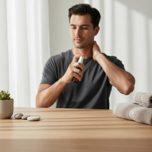 A man in a dark gray t-shirt applies a spray from a small brown bottle to his neck, standing behind a light wood table with a small potted succulent and folded towels.