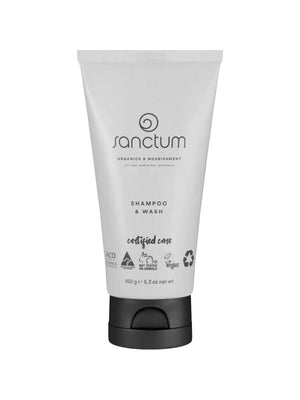 A 150g squeeze tube of Sanctum Organics & Nourishment Shampoo & Wash, featuring a white tube with black text and a black flip-top cap, set against a plain white background.