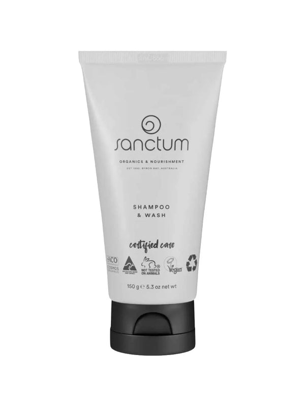 A 150g squeeze tube of Sanctum Organics & Nourishment Shampoo & Wash, featuring a white tube with black text and a black flip-top cap, set against a plain white background.