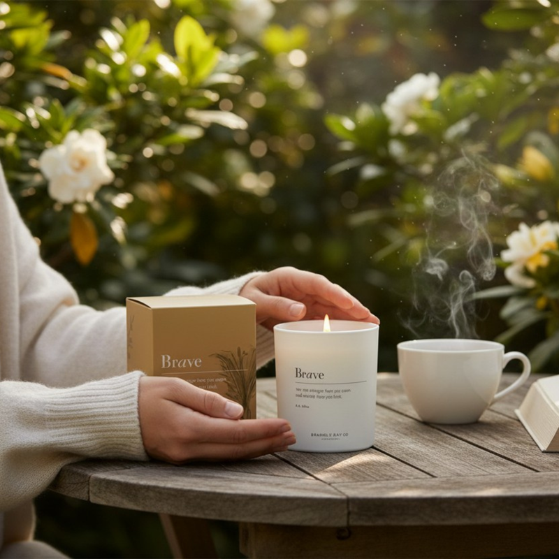 Person holding a 'Brave' candle and box on a wooden table with a cup and plants in the background