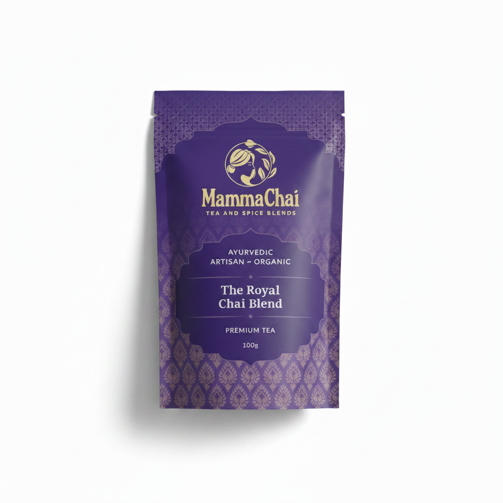 A purple stand-up pouch of Mamma Chai 'The Royal Chai Blend' premium tea, 100g, shown on a clean white background with a soft shadow.