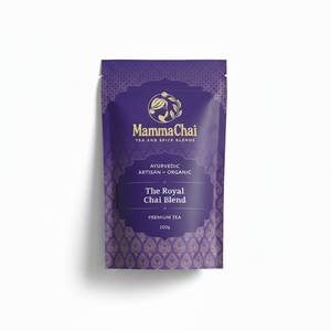 A purple stand-up pouch of Mamma Chai 'The Royal Chai Blend' premium tea, 100g, shown on a clean white background with a soft shadow.