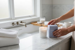 A person's hands are shown holding a lavender-colored product box next to a lit white candle labeled 'inspire' on a white marble bathroom counter.