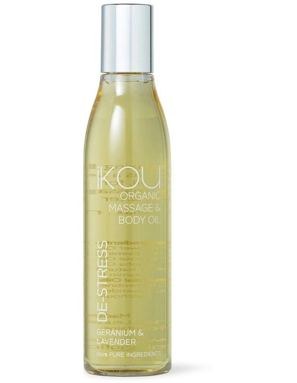 A bottle of KOU Organic Massage & Body Oil in the Seranium & Lavender scent, featuring a clear bottle filled with pale yellow oil and a reflective silver cap, set against a plain white background.