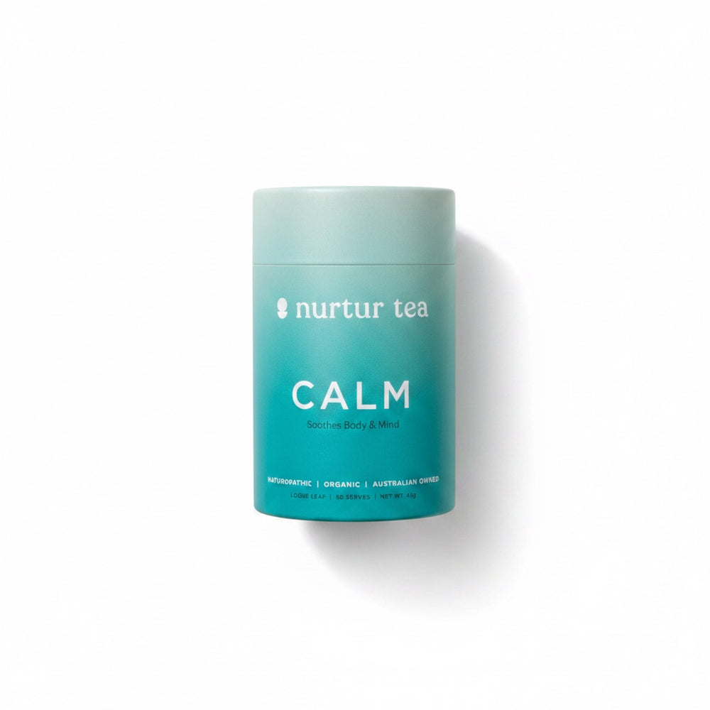 A cylindrical container of Nurtur Tea Calm herbal body & mind tea, featuring a gradient teal label on a white background with a soft shadow.