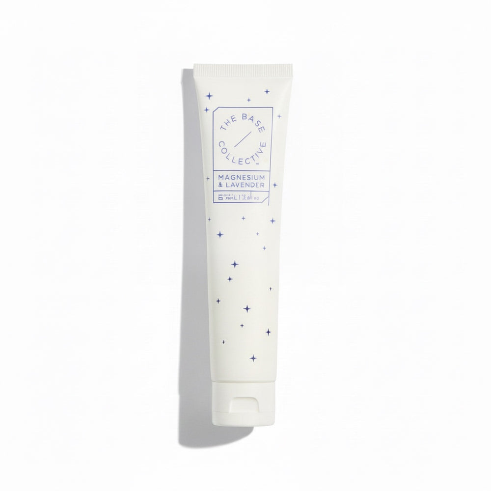 hite tube of The Base Collective Magnesium & Lavender Beauty Sleep Balm, decorated with small sta