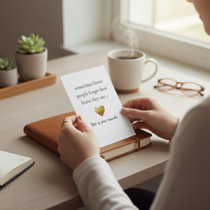 A person holds a white card with a gold heart and the text 'sometimes brave people forget how brave they are.