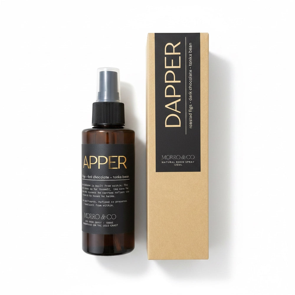 Morro & Co Dapper room spray bottle next to its kraft paper packaging box on a white background.