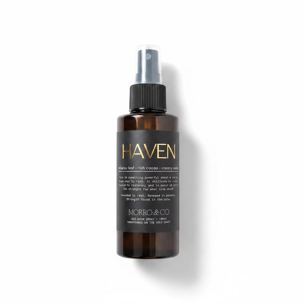 Morro & Co amber bottle Haven room spray on white background