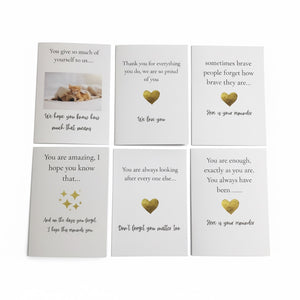 Six Therapy in a Box greeting cards displayed together, with messages of thanks, encouragement and appreciation. Each card is blank inside for a personal message.
