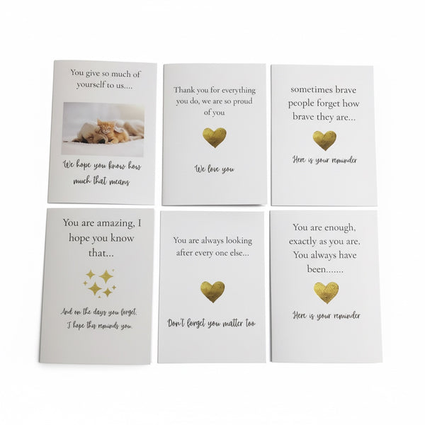 Six Therapy in a Box greeting cards displayed together, with messages of thanks, encouragement and appreciation. Each card is blank inside for a personal message.